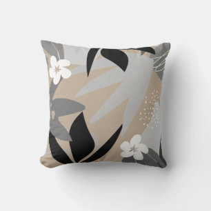 Beige Grå Svart & Vit Konstnärlig Abstrakt Blommig Kudde