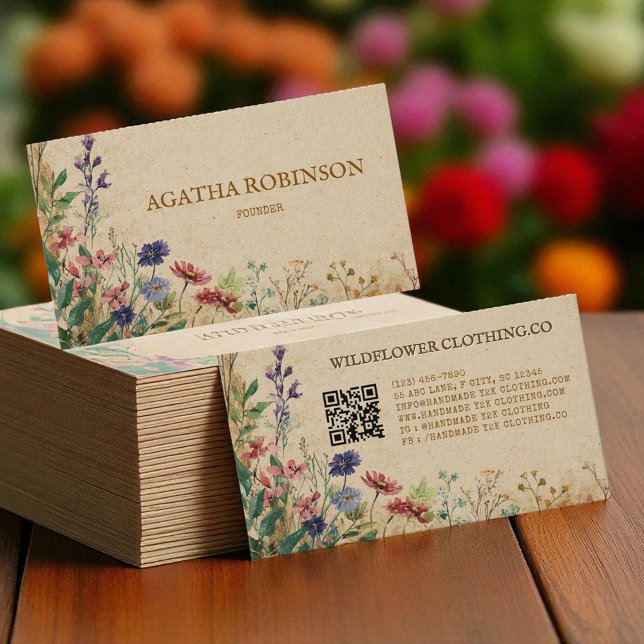 Beige Gräns Rustic Boho Wildblomkläder Visitkort (Beige Border Rustic Boho Wildflower Clothing Business Card)
