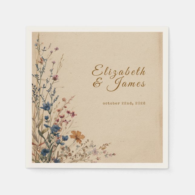 Beige Gräns Rustic Boho Wildblomma Bröllop Pappersservett (Framsidan)