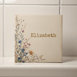 Beige Gräns Rustic Boho Wildblomma Kakelplatta