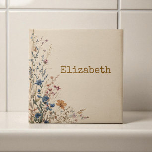 Beige Gräns Rustic Boho Wildblomma Kakelplatta
