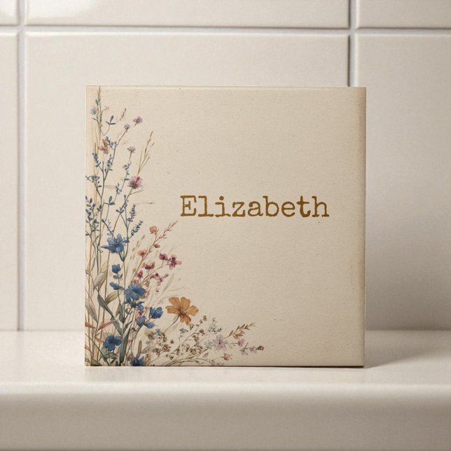 Beige Gräns Rustic Boho Wildblomma Kakelplatta (Beige Border Rustic Boho Wildflower Ceramic Tile)