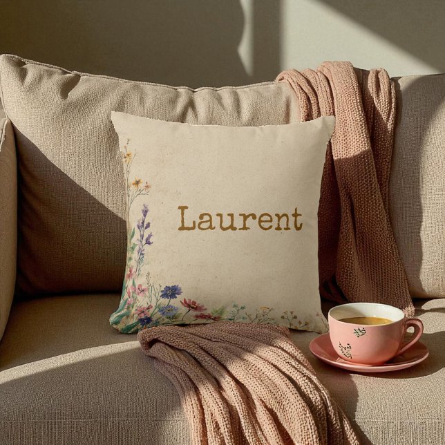 Beige Gräns Rustic Boho Wildblomma Kudde (Beige Border Rustic Boho Wildflower Throw Pillow)