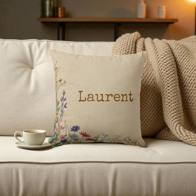 Beige Gräns Rustic Boho Wildblomma Kudde (Beige Border Rustic Boho Wildflower Throw Pillow)