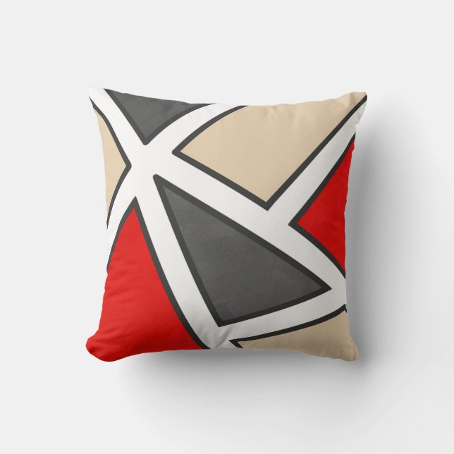 Beige Grått Red Black White Geometric Kudde (Framsida)
