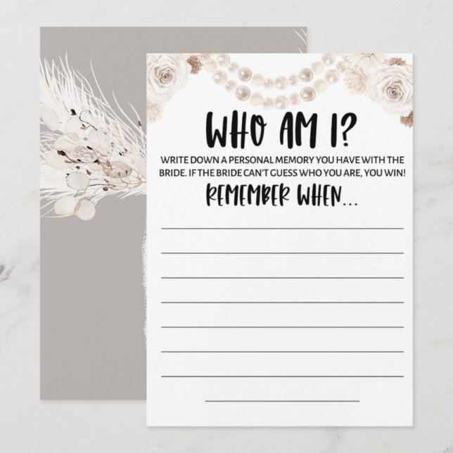 Beige Grått White Blommigt Pearl Möhippa Game Inbjudningar (Fram/baksida)