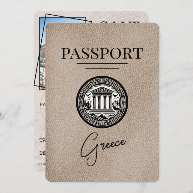 Beige Greece Passport Save Date Card Spara Datumet (Fram/baksida)