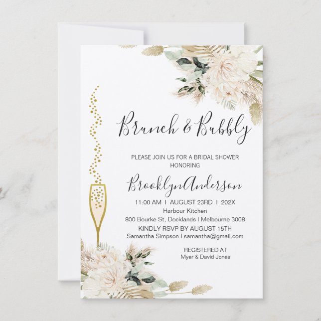 Beige Grönt Boho Brunch Champagne Möhippa Inbjudningar (Framsida)