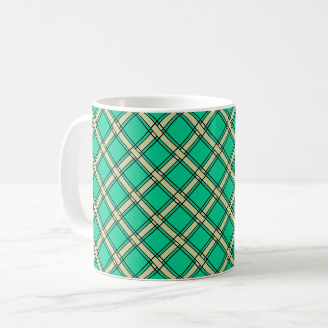 Beige grönt, plaid mönster kaffemugg (Framsida vänster)
