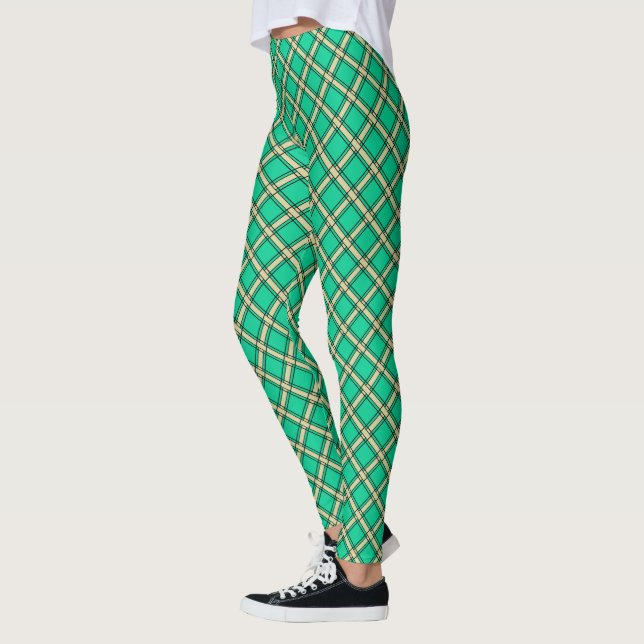 Beige grönt, plaid mönster leggings (Vänster)
