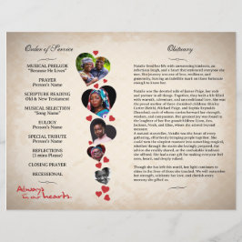 Beige grunge begravningsprogram för hjärta reklamblad