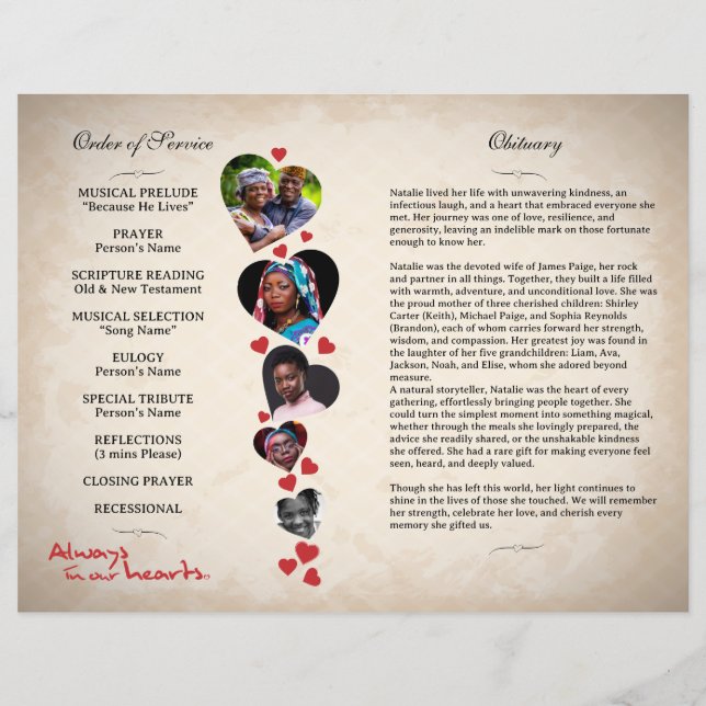 Beige grunge begravningsprogram för hjärta reklamblad (Baksidan)