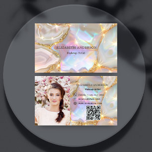 Beige guld agate holografik fotoqr-kod visitkort