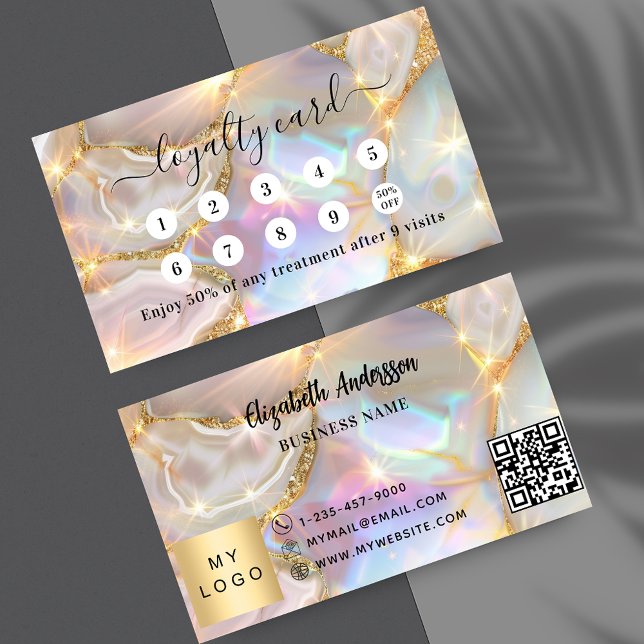 Beige guld agate holoGrapate business logotyp QR-k Lojalitetskort (Skapare uppladdad)