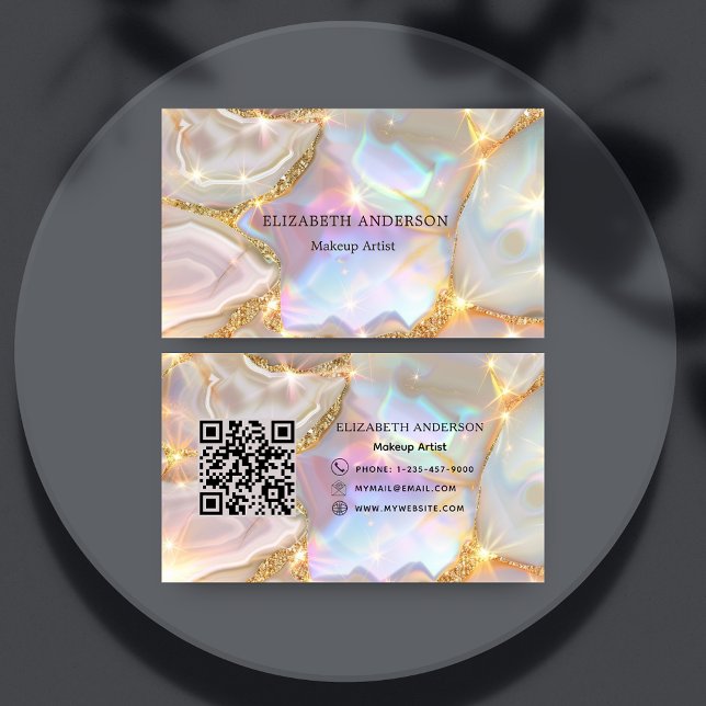 Beige guld agate holoGrapr qr-kod Visitkort (Skapare uppladdad)