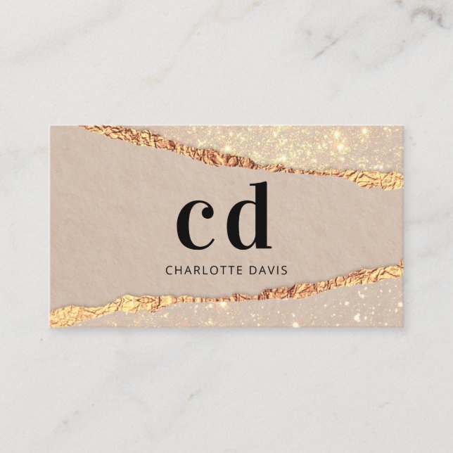 Beige guld agate marble monogram initialer visitkort (Framsida)