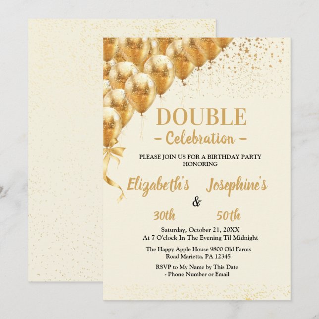Beige Guld Balloons glitter Dual Birthday Soiree Inbjudningar (Fram/baksida)