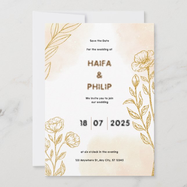 Beige Guld Blommigt Delikat Light Bröllop bjudande Inbjudningar (Framsida)