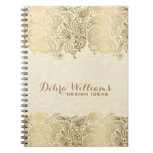 Beige & Guld Blommigt Paisley Snöre Anteckningsbok Med Spiral