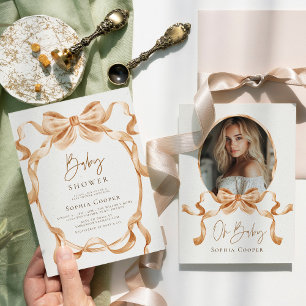 Beige & Guld Coquette Bow Photo Baby Shower Inbjudningar