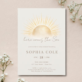 Beige Guld Här Kommer Sonen Pojke Baby Shower Inbjudningar