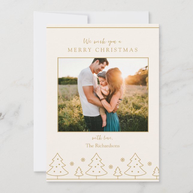 Beige Guld Julgran 2-fotokort för Helgdag Inbjudningar (Framsida)