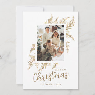 Beige Guld Lämna Family Photo God jul Card Julkort