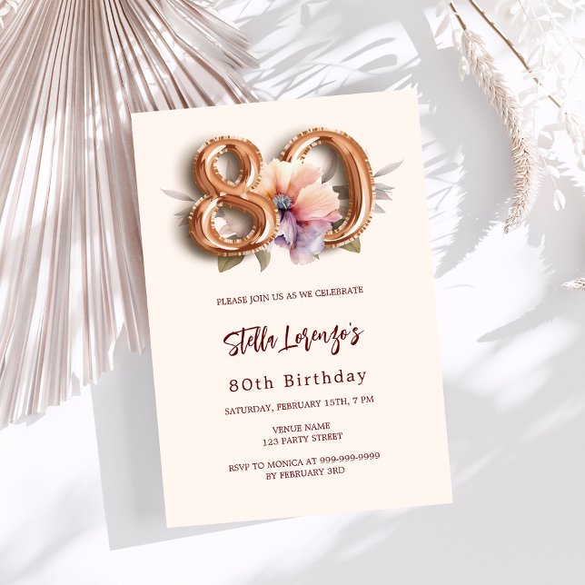 Beige guld persika blommande 80-årsdag lyx inbjudningar (Skapare uppladdad)