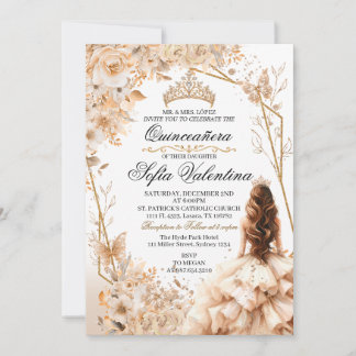 Beige & Guld Quinceañera Prinsessa Flick Tiara Inbjudningar
