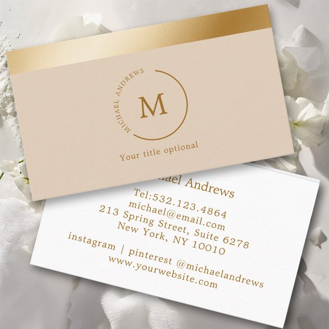 Beige Guld Rand Monogramm Circle Visitkort (Skapare uppladdad)