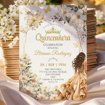Beige Guld Tiara Blommig Fjäril Quinceañera