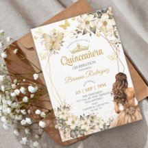 Beige Guld Tiara Blommig Fjäril Quinceañera