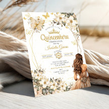 Beige Guld Tiara Blommig Fjärilar Quinceañera