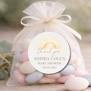 Beige Här kommer solen pojke baby shower förmån Runt Klistermärke