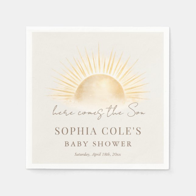 Beige Här Kommer Sonen Baby Shower-fest Pappersservett (Framsidan)