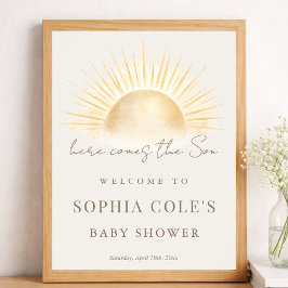 Beige Här kommer sonen Baby Shower Välkomstskylt Poster