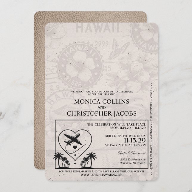 Beige Hawaii Passport bröllop Inbjudningar (Fram/baksida)