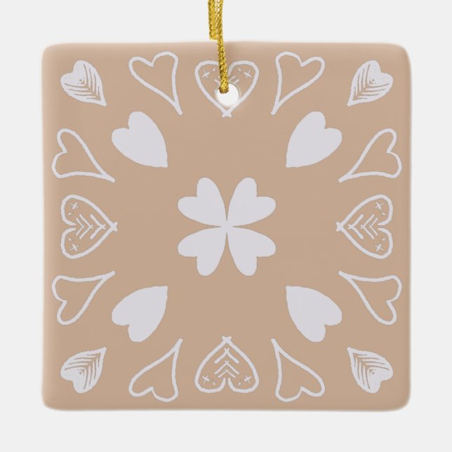 Beige Heart Folk Art Mönster Julgran Julgransprydnad Keramik (Framsida)