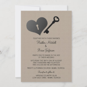 Beige Heart Lock och Nyckel Wedding bjudes in Inbjudningar