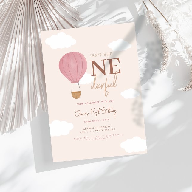 Beige hett Luft Ballon Onederbörd 1:a födelsedagen Inbjudningar (Skapare uppladdad)