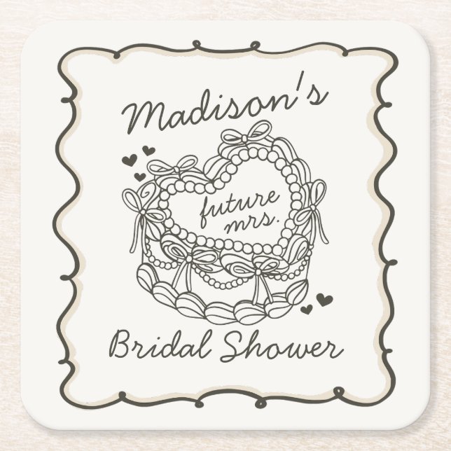 Beige hjärtformad retro Cake bröllopsdusch i socke Underlägg Papper Kvadrat (Framsidan)