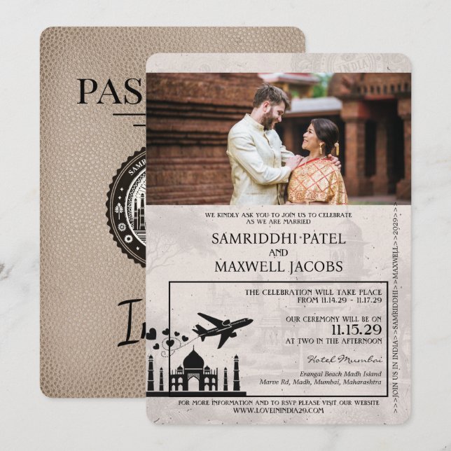 Beige India Passport bröllop bjudande Inbjudningar (Fram/baksida)