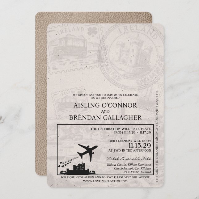 Beige Ireland Passport bröllop bjudande Inbjudningar (Fram/baksida)