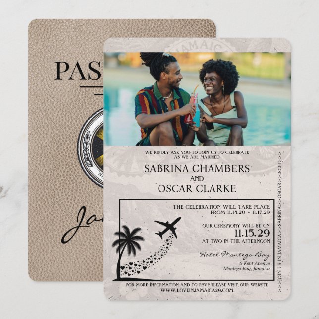 Beige Jamaica Passport Wedding bjudande Inbjudningar (Fram/baksida)