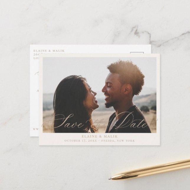 Beige kalligrafi Foto Spara datumet Meddelande Vykort (Fram/Back In Situ)