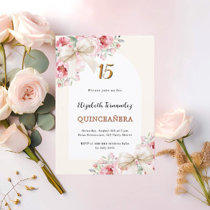 Beige kräm bows rosa blommigt arch Quinceanera Inbjudningar