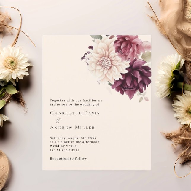 Beige kräm burgunder röda blommor bröllopsinbjudan (Skapare uppladdad)