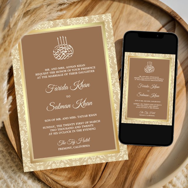 Beige Kräm Damask Islamsk Muslimsk Bröllop Inbjudningar (Skapare uppladdad)