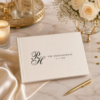 Beige Kräm Elegant Skript Monogram Bröllop Gästböcker