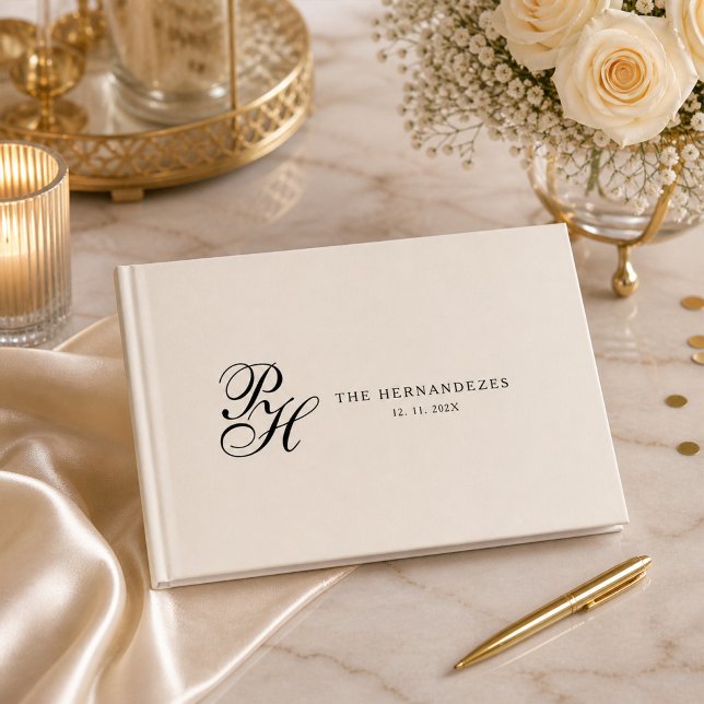 Beige Kräm Elegant Skript Monogram Bröllop Gästböcker (Skapare uppladdad)
